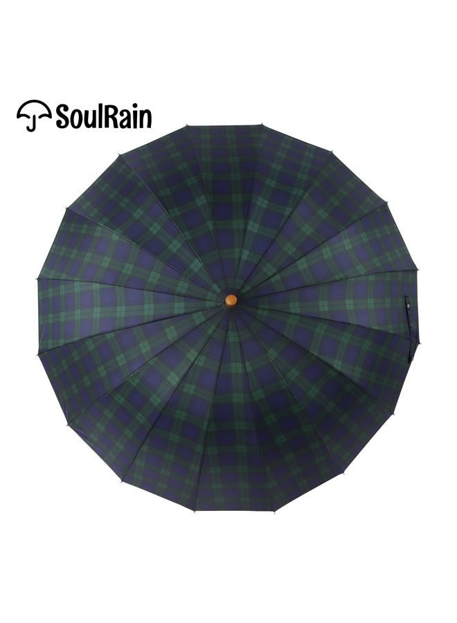 SoulRain 16 Ribs 48" Stick Umbrella Auto Open Solid Color Fashionable and Simple，Arc Classic Wood Handle，Windproof Unbreakable Stick Rain Umbrella (Grid Navy) - Image 2