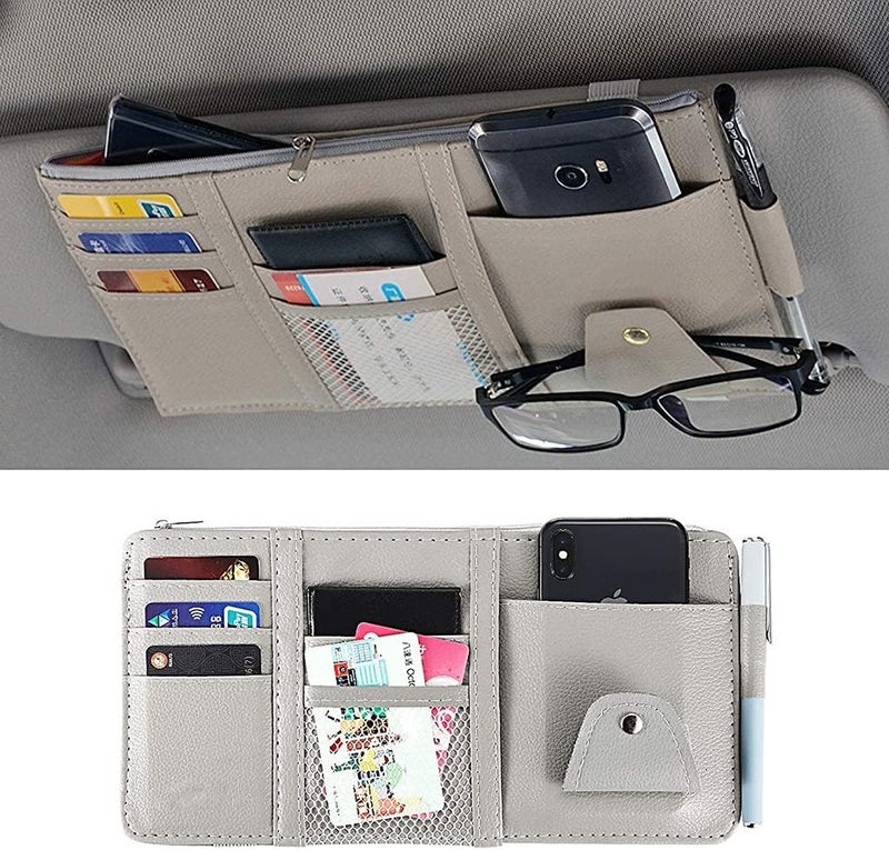 HSR Car Sun Visor Organizer, Sunglass Pen Card Small Document Storage Pouch Holder, PU Leather, Multi-Pocket with Zipper Net (Grey) - Image 1