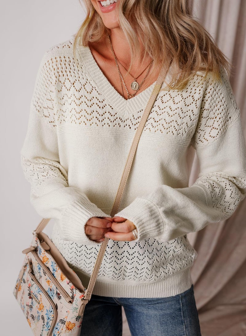 Shein SHEWIN Fall Sweaters for Women 2025 Casual Long Sleeve V Neck Lightweight Crochet Sweater Hollow Out Cable Knit Pullover Jumper Solid Womens Tops Loose Fit, L, White - Image 2