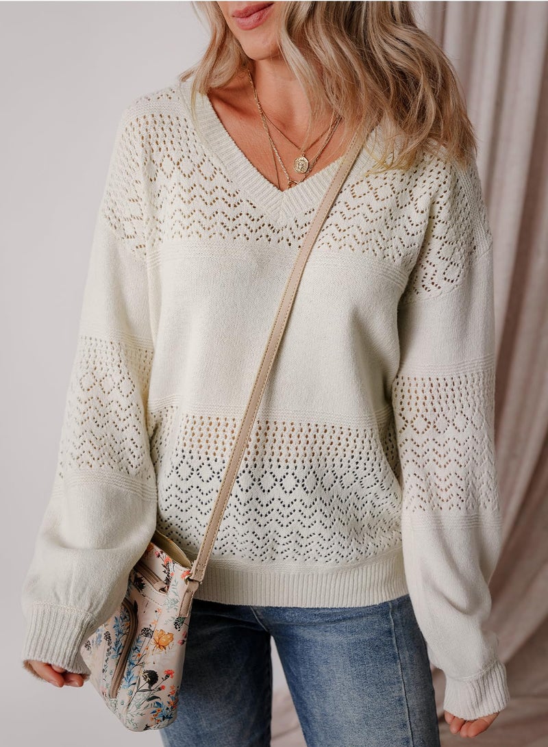 Shein SHEWIN Fall Sweaters for Women 2025 Casual Long Sleeve V Neck Lightweight Crochet Sweater Hollow Out Cable Knit Pullover Jumper Solid Womens Tops Loose Fit, L, White - Image 3