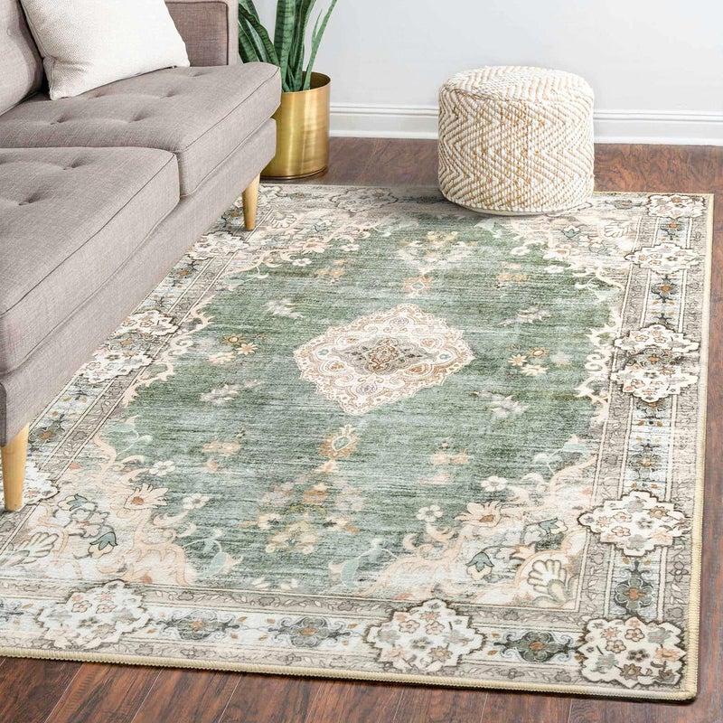 MUJOO 5x7 Area Rugs Green Machine Washable Rugs Living Room Rugs Boho Area Rug for Bedroom Laundry Room Kitchen Non Slip Carpet Abstract Soft LowPile Floral