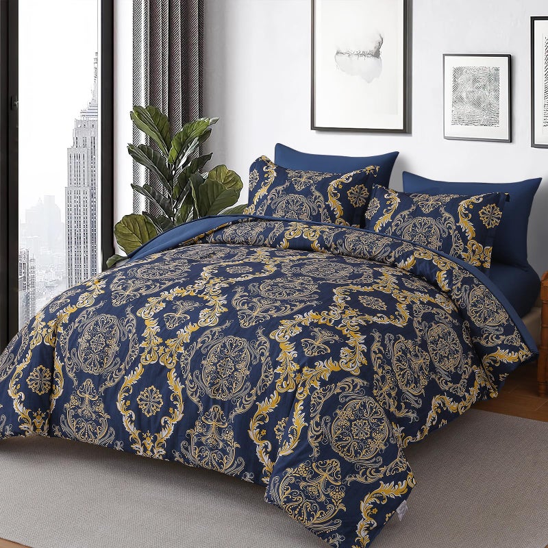 WONGS BEDDING Blue Gold Comforter Set Queen Size,Damask Texture 7 Pieces Bed in a Bag Microfiber Comforter Bedding Sets -1 Comforter, 1 Flat Sheet, 1 Fitted Sheet, 2 Pillow Shams, 2 Pillowcases - Image 2