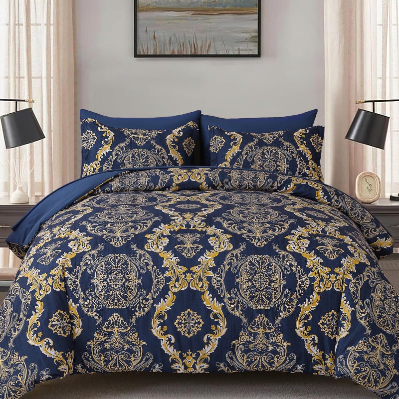WONGS BEDDING Blue Gold Comforter Set Queen Size,Damask Texture 7 Pieces Bed in a Bag Microfiber Comforter Bedding Sets -1 Comforter, 1 Flat Sheet, 1 Fitted Sheet, 2 Pillow Shams, 2 Pillowcases - Image 1