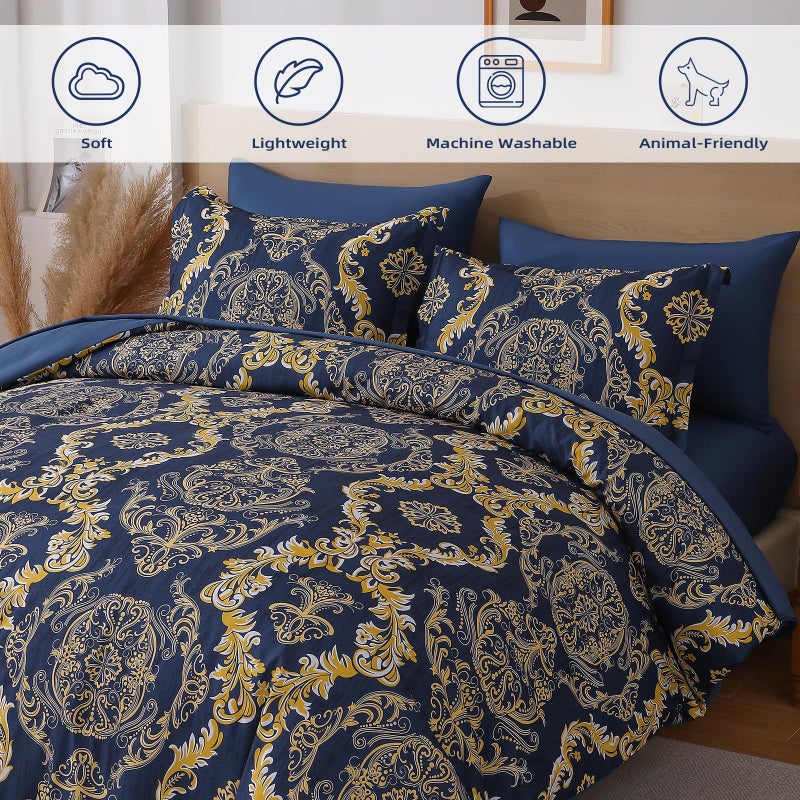 WONGS BEDDING Blue Gold Comforter Set Queen Size,Damask Texture 7 Pieces Bed in a Bag Microfiber Comforter Bedding Sets -1 Comforter, 1 Flat Sheet, 1 Fitted Sheet, 2 Pillow Shams, 2 Pillowcases - Image 4
