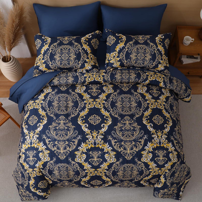 WONGS BEDDING Blue Gold Comforter Set Queen Size,Damask Texture 7 Pieces Bed in a Bag Microfiber Comforter Bedding Sets -1 Comforter, 1 Flat Sheet, 1 Fitted Sheet, 2 Pillow Shams, 2 Pillowcases - Image 3
