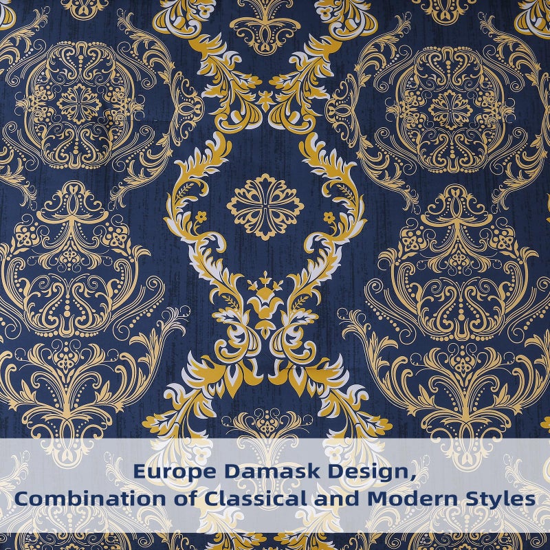 WONGS BEDDING Blue Gold Comforter Set Queen Size,Damask Texture 7 Pieces Bed in a Bag Microfiber Comforter Bedding Sets -1 Comforter, 1 Flat Sheet, 1 Fitted Sheet, 2 Pillow Shams, 2 Pillowcases - Image 5