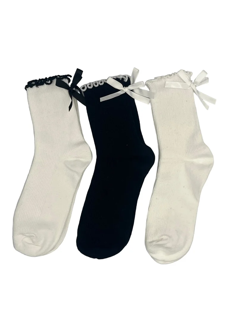 Prickly Pear 3 Pack of Scallop Edge Bow Crew Socks, One Size Fits Most