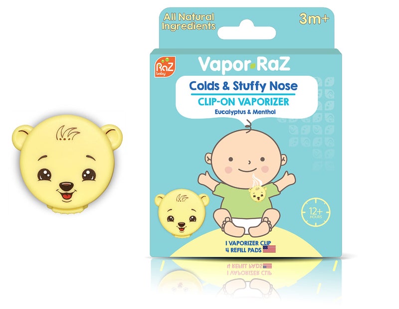 RaZbaby Vapor-Raz Clip-On Vaporizer - Reusable for Cough, Cold & Congestion Relief with Soothing Menthol & Eucalyptus Aromatherapy - Use at Home & On-the-Go - Includes 4 Vapor Pad Refills - Image 1