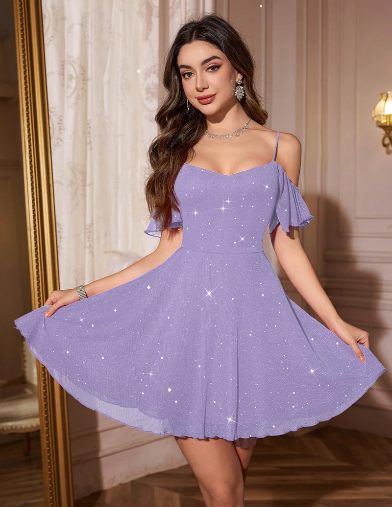 Meetjen Short Cocktail Dress Sparkly Prom Sweetheart Fairy Homecoming for Teens Semi Formal Evening Party Wedding Guest Dresses Lavender M - Image 2