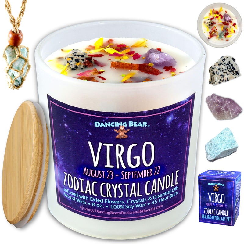 DANCING BEAR Virgo Zodiac Candle Gift Box Set with 3 Healing Crystals  Stone Holder Necklace 100 Soy Scented Wax Crackling Wood Wick 45 Hour Burn Time