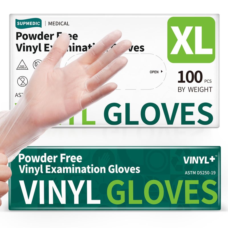 Supmedic Vinyl Disposable Exam Gloves, Clear 4 Mil Powder-Free Latex-Free Medical Food-Safe Cooking Cleaning Glove, 100 Pcs (X-Large) - Image 1