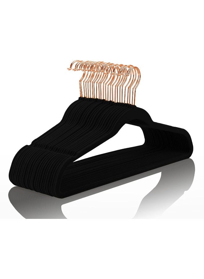 MIZGI Premium Velvet Hangers (Pack of 30) Heavyweight - Non Slip - Velvet Suit Hangers Black - Copper/Rose Gold Hooks, Space Saving Clothes Hangers (Black) - Image 1