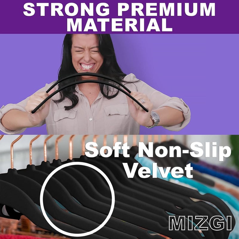MIZGI Premium Velvet Hangers (Pack of 30) Heavyweight - Non Slip - Velvet Suit Hangers Black - Copper/Rose Gold Hooks, Space Saving Clothes Hangers (Black) - Image 2