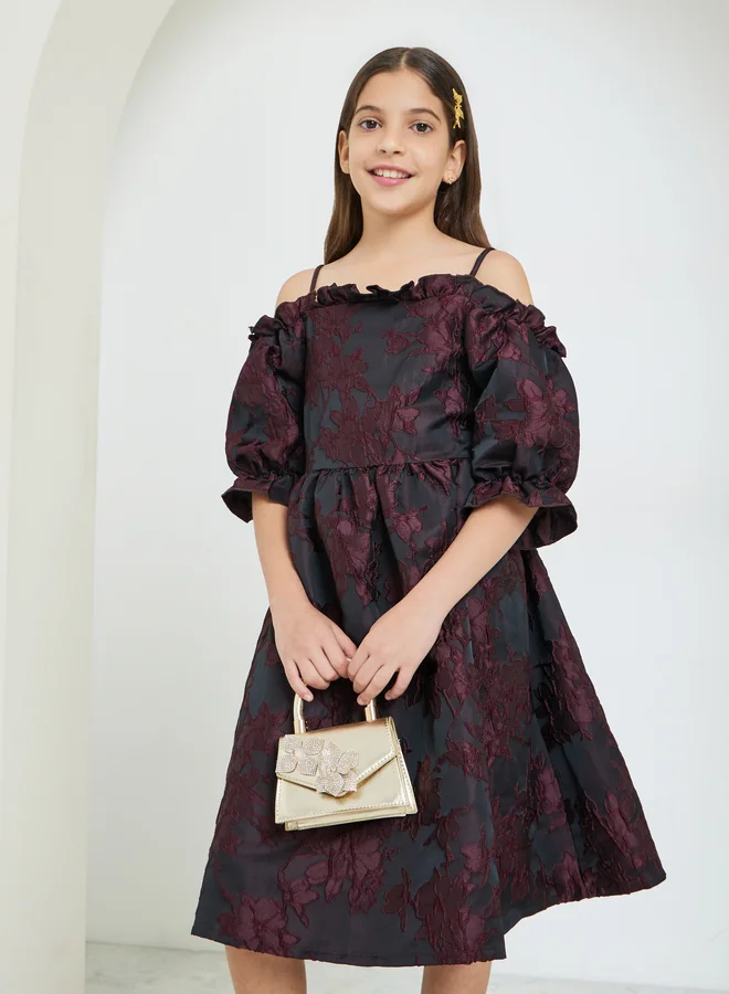Styli Girls Burgundy Cold-Shoulder Sleeve Dress
