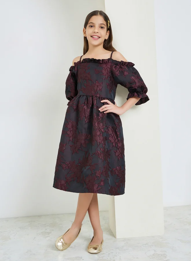Styli Girls Burgundy Cold-Shoulder Sleeve Dress