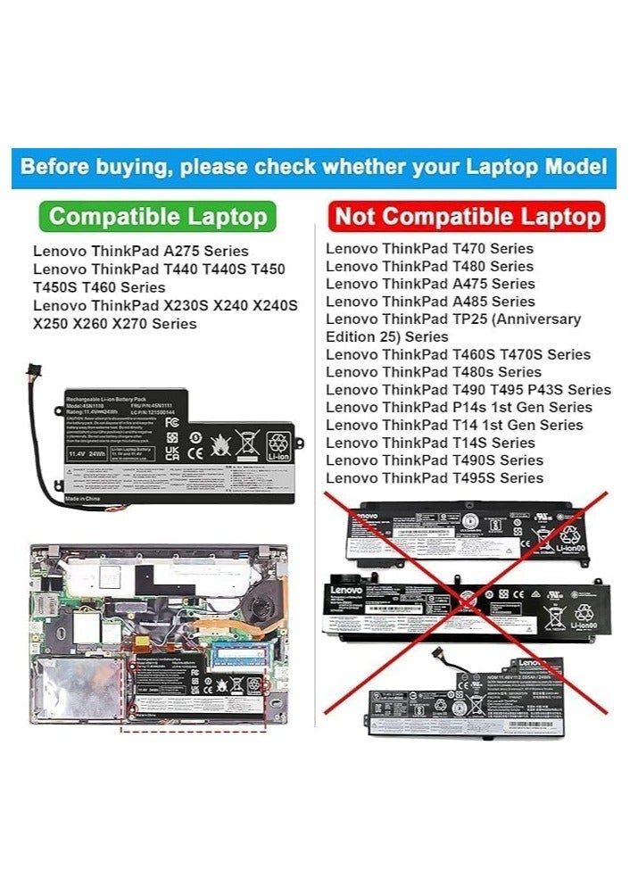 بطارية لابتوب 11.4V سعة 24Wh متوافقة مع Lenovo ThinkPad T440 وT450 وT460 وX240 وX250 وX260 - Image 5