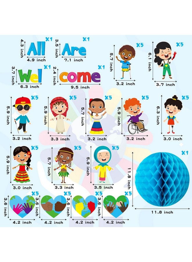BeYumi 75Pcs Student Diversity Bulletin Board Set All Are Welcome Hearts Cutouts Earth Honeycomb Inclusion Multicultural Bulletin Board Back To School Equality One World Classroom Door Decoration - Image 2