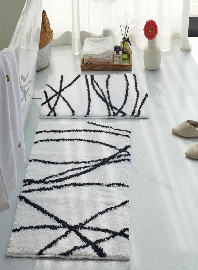 Tititex Luxury White Black Curve Line Bathroom Rug Set, 20x32 inch + 16x24 inch 2 pcs Extra Soft and Absorbent Microfiber Bath Rugs, Non-Slip Plush Shaggy Carpet,Mats for Floor, Tub and Shower - Image 2