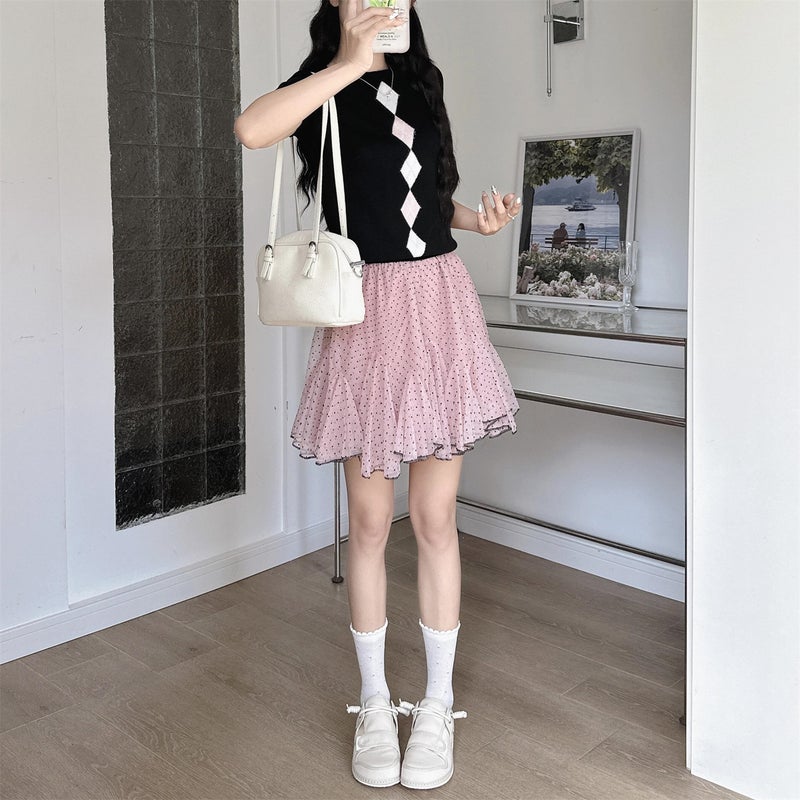 Plus-Size Pink Korean-Style Niche Polka Dot A-Line Skirt for Women, Summer Mesh Puffy Skirt, High-Waisted Short Skirt for Petite Figures - Image 4