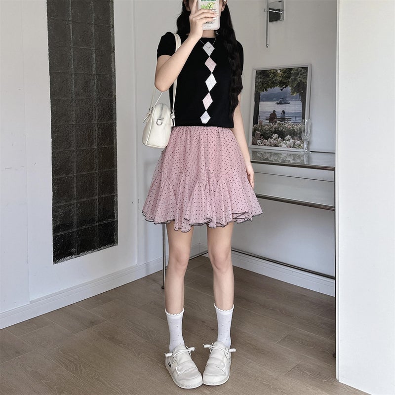 Plus-Size Pink Korean-Style Niche Polka Dot A-Line Skirt for Women, Summer Mesh Puffy Skirt, High-Waisted Short Skirt for Petite Figures - Image 5