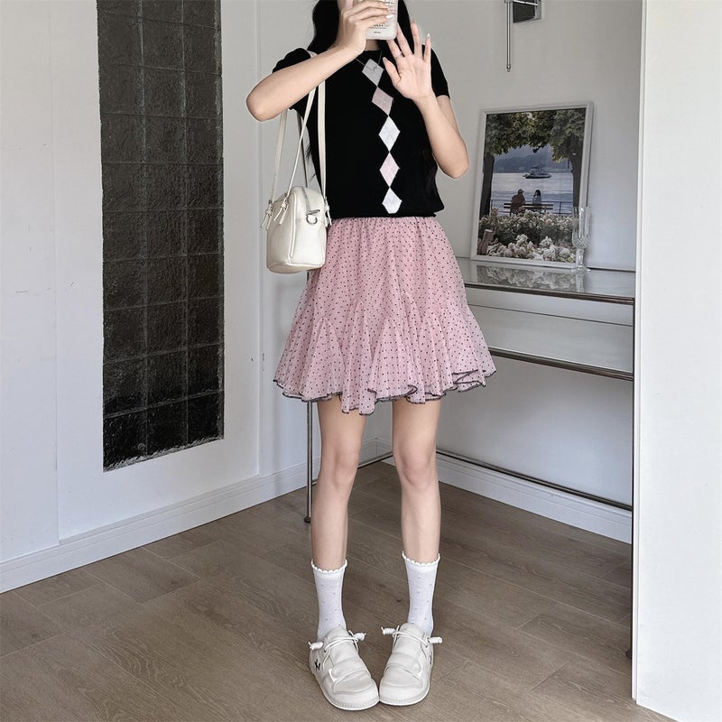Plus-Size Pink Korean-Style Niche Polka Dot A-Line Skirt for Women, Summer Mesh Puffy Skirt, High-Waisted Short Skirt for Petite Figures - Image 2