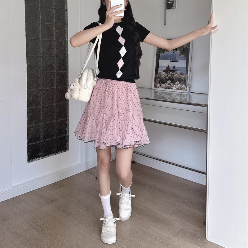 Plus-Size Pink Korean-Style Niche Polka Dot A-Line Skirt for Women, Summer Mesh Puffy Skirt, High-Waisted Short Skirt for Petite Figures - Image 3