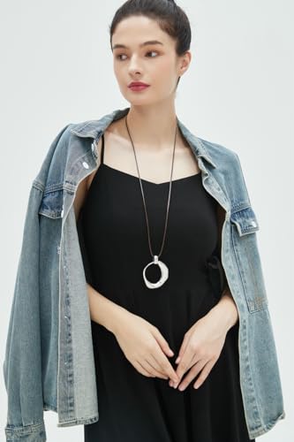 joymiao Boho Necklace for Women Silver Pendant Necklaces Chunky Circle Necklace Leather Cord Necklace Retro Style Jewelry - Image 2
