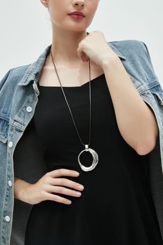 joymiao Boho Necklace for Women Silver Pendant Necklaces Chunky Circle Necklace Leather Cord Necklace Retro Style Jewelry - Image 3
