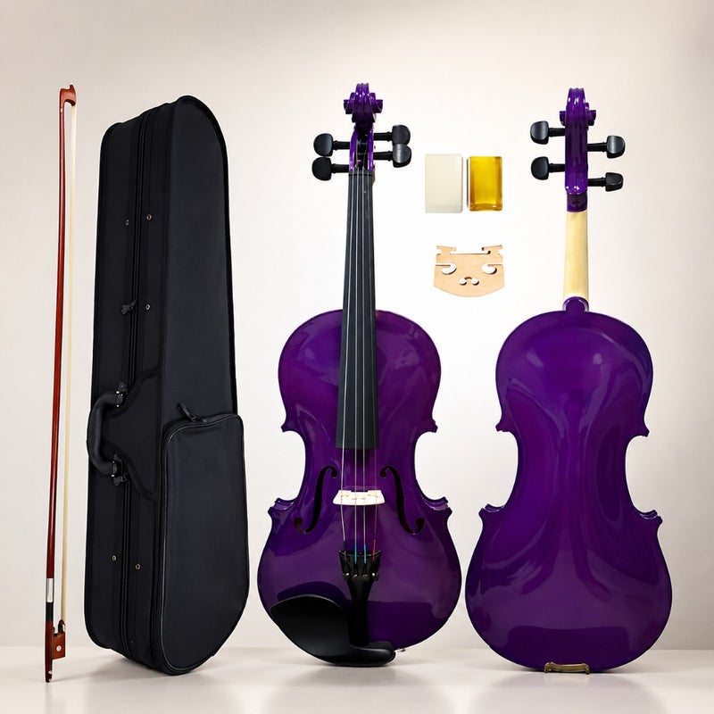 Coloured Violin 4/4 Full Size for Professional Practice, Solid Wood Body, Glossy Purple Finish, Includes Hardcase, Rosin, Bow Extra Strings - Image 1