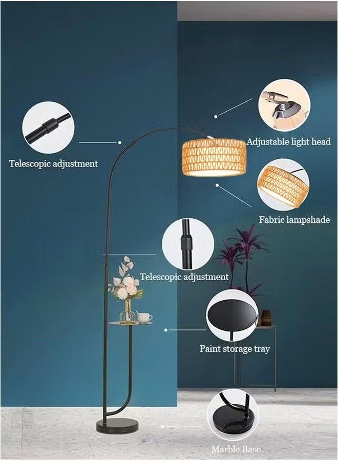 DOMUIK Modern Arc Rattan Floor Lamp with Shelves,Rustic Floor Standing Lamps with 180°Rotatable,Marble Base,Standing Lamp for Reading Working for Living Room Bedroom Office 180x100 cm  - Image 3