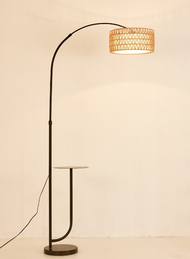 Modern Arc Rattan Floor Lamp with Shelves,Rustic Floor Standing Lamps with 180°Rotatable,Marble Base,Standing Lamp for Reading Working for Living Room Bedroom Office 180x100 cm