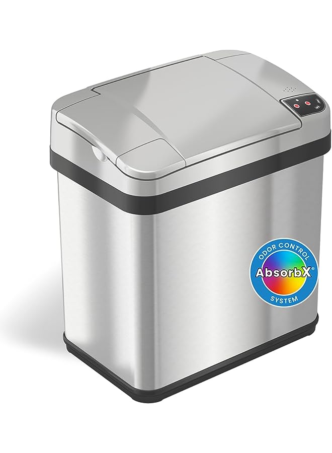 راكسوم سلة مهملات الحمام بمستشعر سعة 2.5 جالون مع فلتر للرائحة والعطور، سلة مهملات مستطيلة الشكل من الفولاذ المقاوم للصدأ (تعمل بالبطاريات أو محول تيار متردد، كلاهما غير متضمن) - Image 1