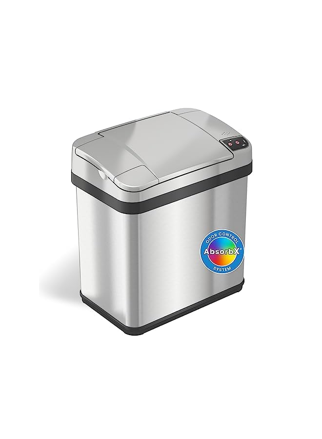 راكسوم سلة مهملات الحمام بمستشعر سعة 2.5 جالون مع فلتر للرائحة والعطور، سلة مهملات مستطيلة الشكل من الفولاذ المقاوم للصدأ (تعمل بالبطاريات أو محول تيار متردد، كلاهما غير متضمن) - Image 2
