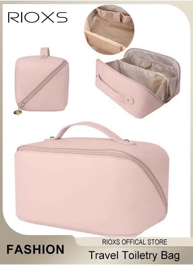 RIOXS Large-Capacity Travel Cosmetic Bag, Leather Makeup Bag with Handle, Waterproof Portable Toiletry Bag, Multifunctional Make up Organizer with Separate Inner Pockets for Organized Storage, 9.8*4.7*5.1inch  - Image 1