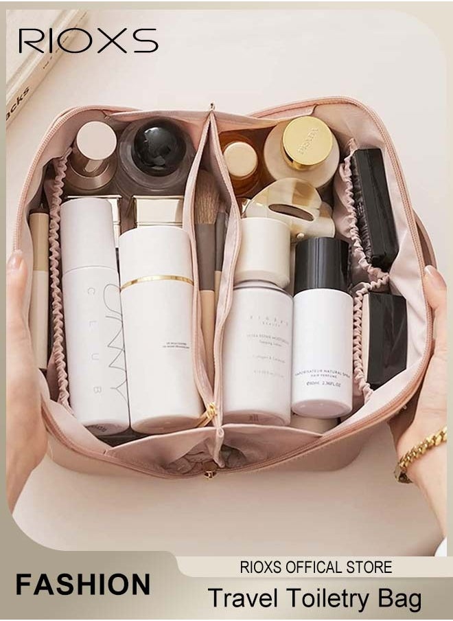 RIOXS Large-Capacity Travel Cosmetic Bag, Leather Makeup Bag with Handle, Waterproof Portable Toiletry Bag, Multifunctional Make up Organizer with Separate Inner Pockets for Organized Storage, 9.8*4.7*5.1inch  - Image 2