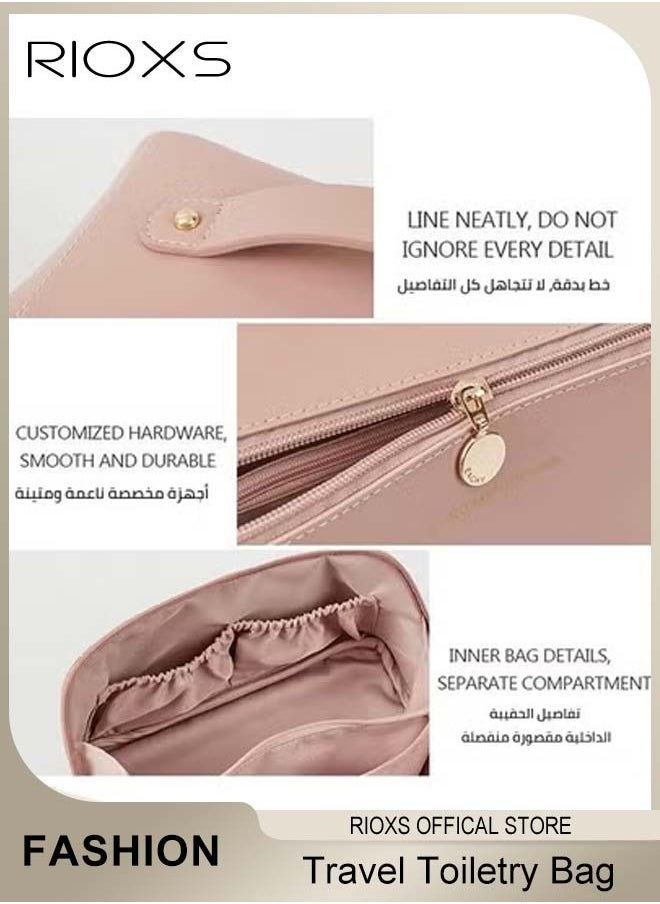 RIOXS Large-Capacity Travel Cosmetic Bag, Leather Makeup Bag with Handle, Waterproof Portable Toiletry Bag, Multifunctional Make up Organizer with Separate Inner Pockets for Organized Storage, 9.8*4.7*5.1inch  - Image 3