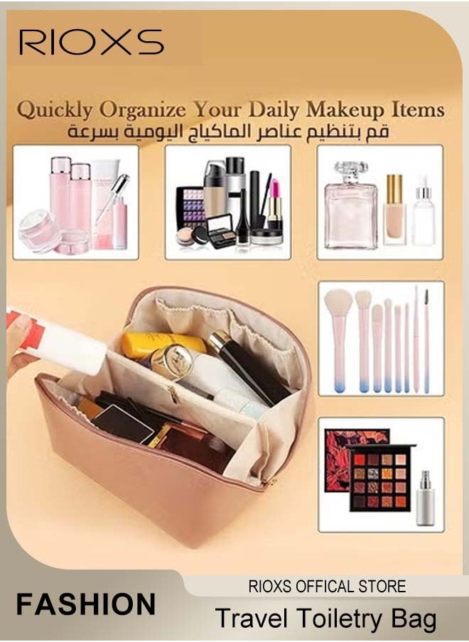 RIOXS Large-Capacity Travel Cosmetic Bag, Leather Makeup Bag with Handle, Waterproof Portable Toiletry Bag, Multifunctional Make up Organizer with Separate Inner Pockets for Organized Storage, 9.8*4.7*5.1inch  - Image 4