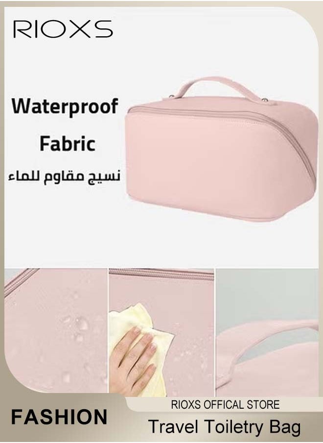 RIOXS Large-Capacity Travel Cosmetic Bag, Leather Makeup Bag with Handle, Waterproof Portable Toiletry Bag, Multifunctional Make up Organizer with Separate Inner Pockets for Organized Storage, 9.8*4.7*5.1inch  - Image 5