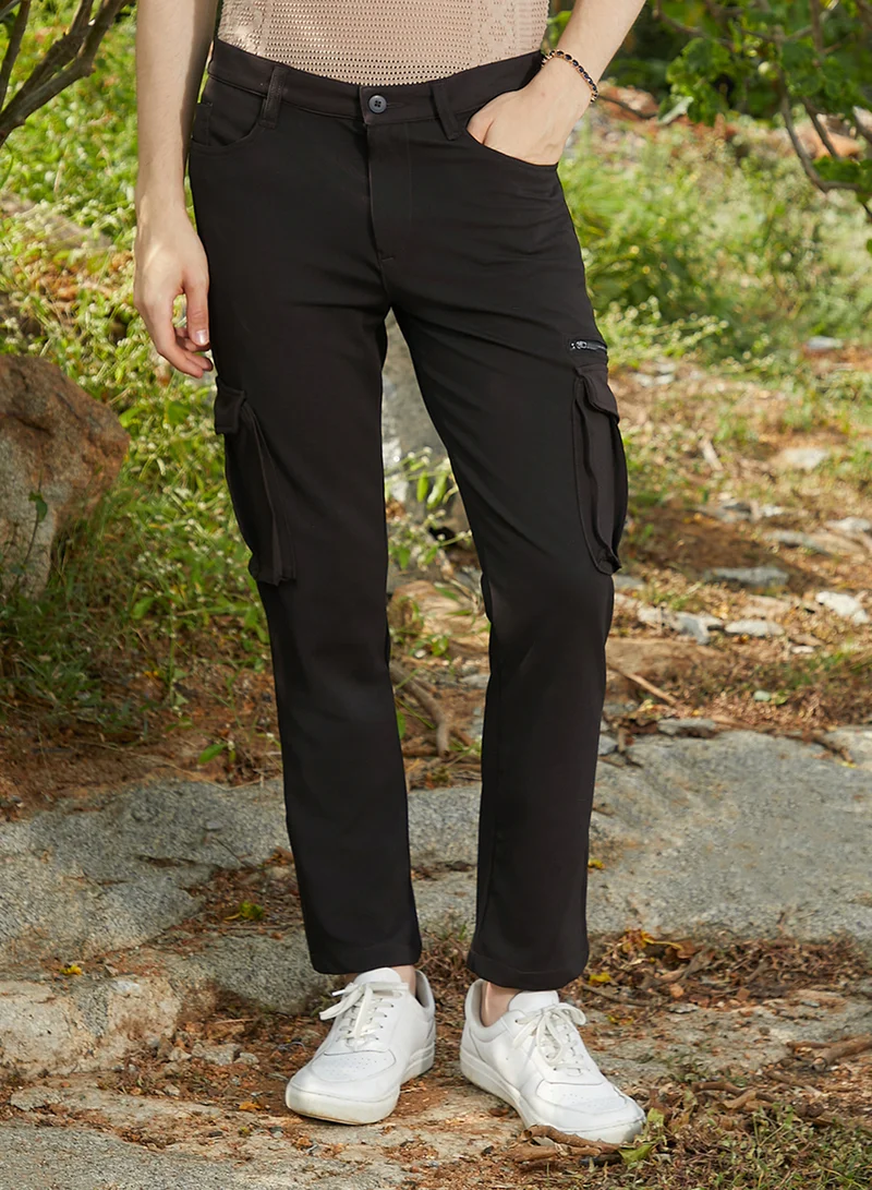 Campus Sutra Men's Obsidian Black Slim-Fit Utility Trousers