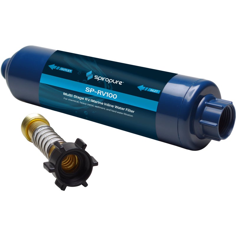 SpiroPure MultiStage RV Marine Inline Water Filter with Flexible Hose Protector  Sediment Carbon Hard Water Chlorine Chloramine Lead Mercury Heavy Metals PFOA PFAS