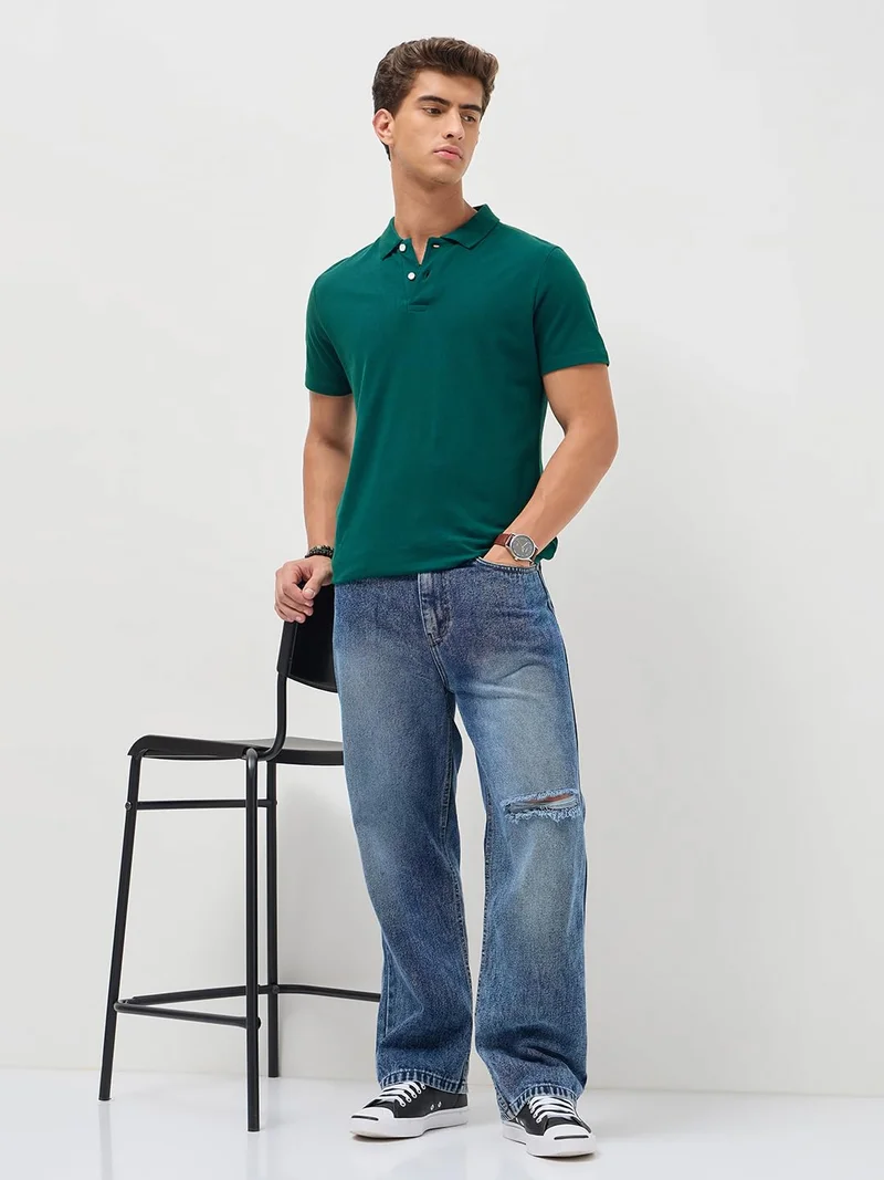 Urbano Fashion  Urbano Fashion Men's Teal Green Solid Regular Fit Half Sleeve Cotton Polo T-Shirt  | Best Price UAE