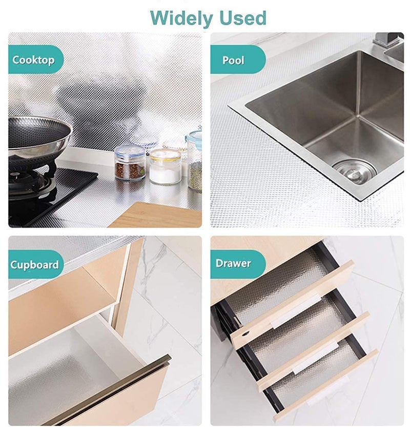 Dhavl House of Quirk Aluminum Plated Shelf Liner for Kitchen Cupboard Cabinets Self Adhesive Antifouling Antibacterial Drawer Shelve Liner Refrigerator Pad Mat Waterproof Silver 40 200 cm - Image 4