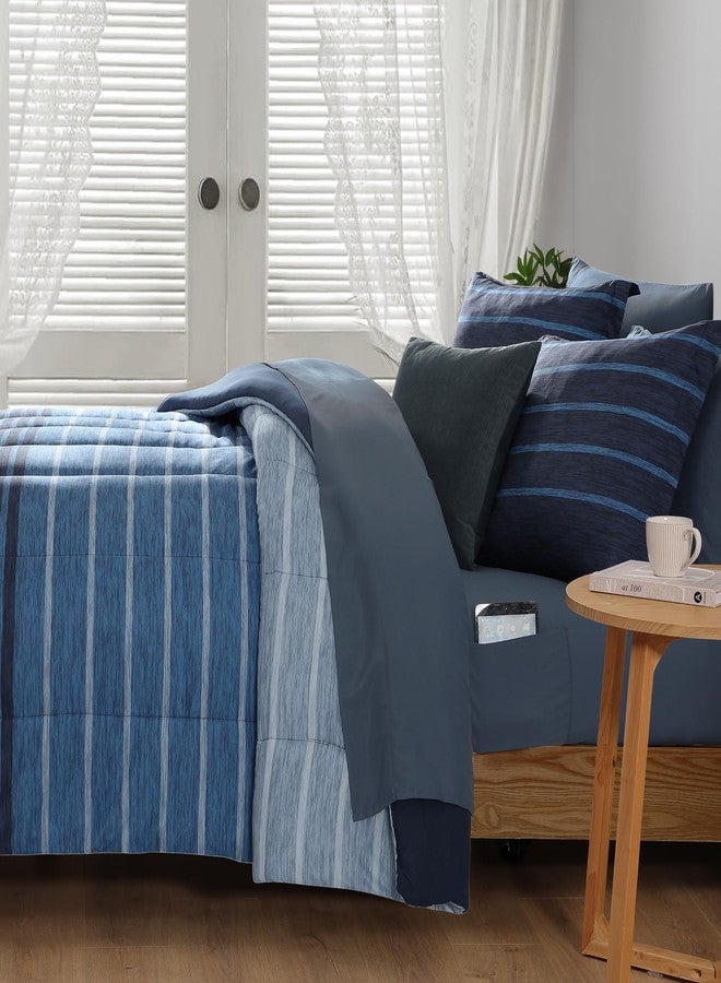 Monbix Queen Comforter Set - 7 Pieces Bed in a Bag Queen, Navy Blue-Stripe Bedding Sets, All Seasons Down Alternative Comforter Bed Set with Sheets, Pillowcases & Shams - Image 3