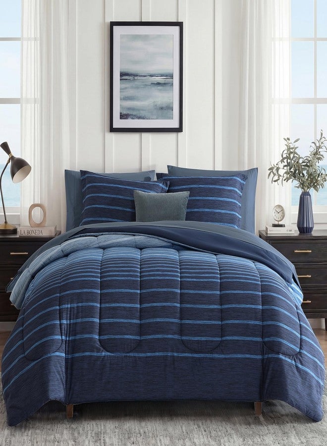 Monbix Queen Comforter Set - 7 Pieces Bed in a Bag Queen, Navy Blue-Stripe Bedding Sets, All Seasons Down Alternative Comforter Bed Set with Sheets, Pillowcases & Shams - Image 1