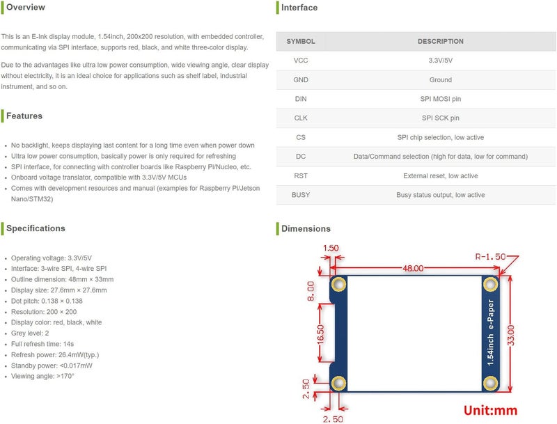 Waveshare 1.54inch E-Ink Display Module Compatible with Raspberry Pi 5/4B/3B/Zero/Zero W/Zero 2W/Pico/Pico W/Pico WH, 200x200 Resolution Three-Color SPI Interface - Image 4