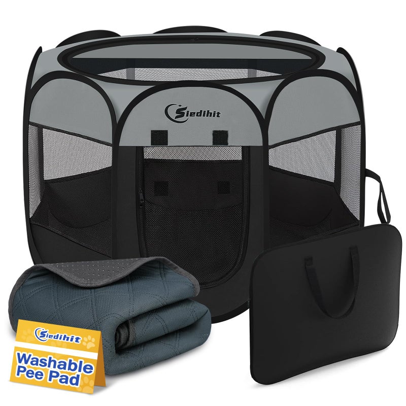 Siedihit Dog Cat Playpen with Washable Pee Pad, Puppy Pet Playpen Indoor for Small Dog Crate Tent Cage Outdoor, Portable Pop Up Dogs Enclosure Kennel with Carrying Case,Dark Grey - Image 1