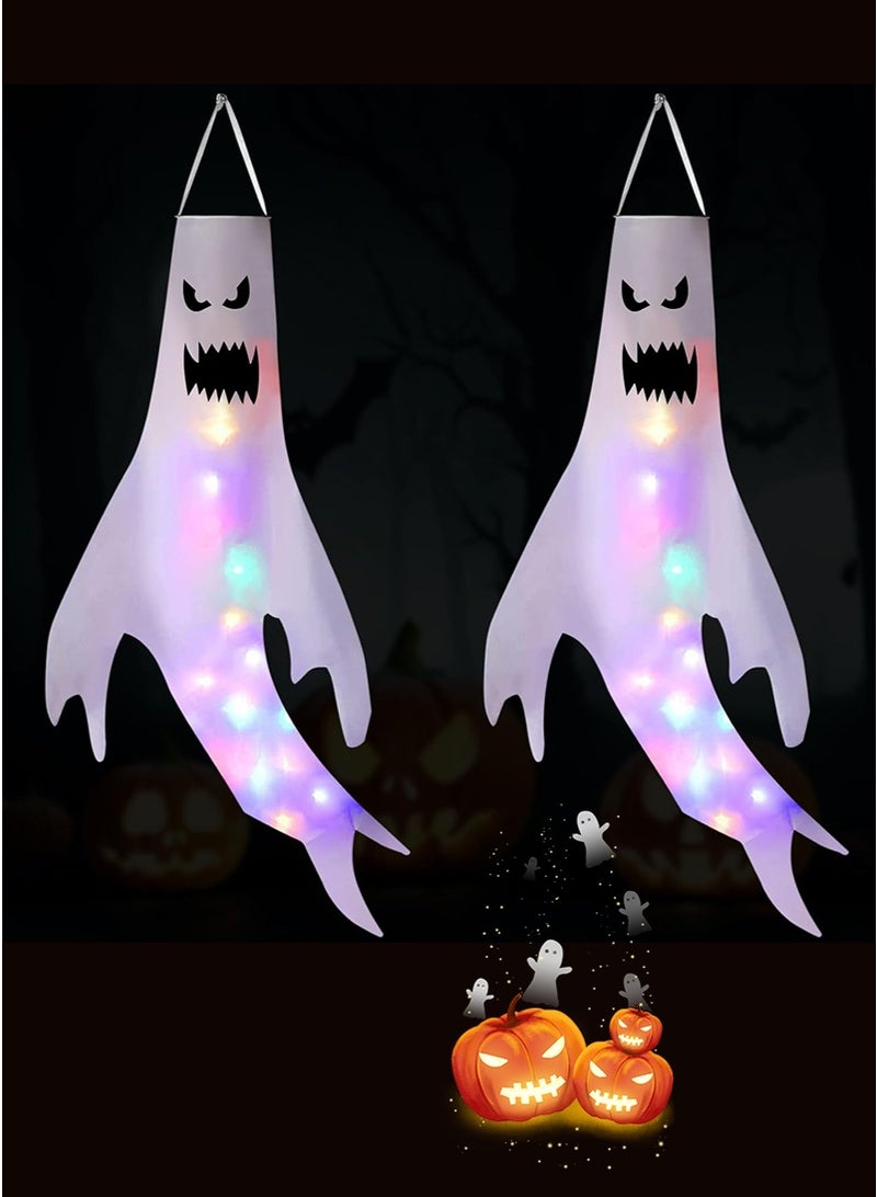 TAPIT 2PCS Halloween Windsocks, Halloween Ghost Windsock with Colorful LED Lights, Hanging Decoration Flying Ghost Flag Wind Socks for Halloween Home Outdoor Indoor Patio Haunted House Party - Image 1