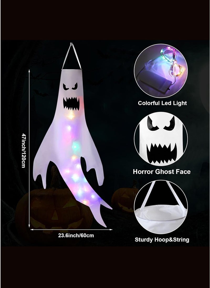 TAPIT 2PCS Halloween Windsocks, Halloween Ghost Windsock with Colorful LED Lights, Hanging Decoration Flying Ghost Flag Wind Socks for Halloween Home Outdoor Indoor Patio Haunted House Party - Image 3