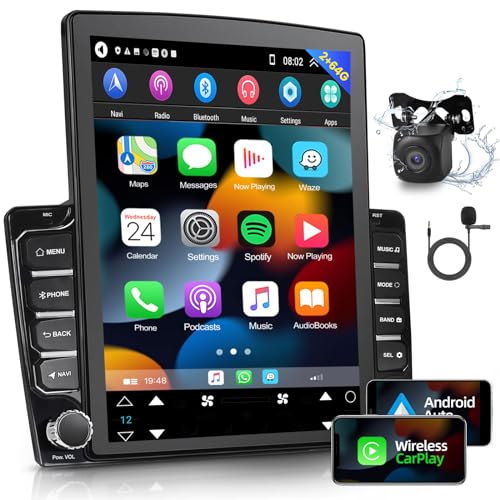 EKAT [2G+64G] راديو سيارة عمودي مزدوج دين بنظام أندرويد 13 مع كار بلاي و أندرويد أوتو لاسلكي/سلكي، شاشة لمس 9.7 بوصة، راديو وحدة رأس، هاي فاي/بلوتوث/تحكم في عجلة القيادة/نظام تحديد المواقع GPS + كاميرا خلفية AHD - Image 1