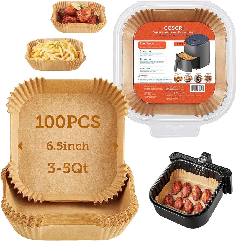 COSORI Air Fryer Liners, 100 PCS Square Disposable Paper Liners, Non-Stick Silicone Oil Coating, Little to No Cleaning, 6.5" Unbleached Food Grade, Resistant to 465°F, Thickened Not Easy to Break - Image 1